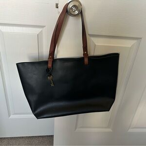 Fossil Black Tote with Brown Handles